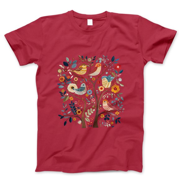 Women's White Short Sleeve T-Shirt Featuring Colorful Birds and Whimsical Floral Tree Graphic – Soft Cotton Casual Tee for Nature and Animal Lovers