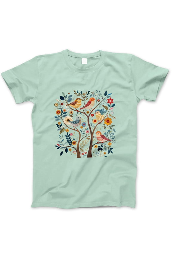 Women's White Short Sleeve T-Shirt Featuring Colorful Birds and Whimsical Floral Tree Graphic – Soft Cotton Casual Tee for Nature and Animal Lovers