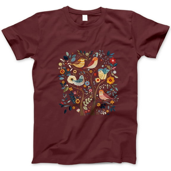 Women's White Short Sleeve T-Shirt Featuring Colorful Birds and Whimsical Floral Tree Graphic – Soft Cotton Casual Tee for Nature and Animal Lovers
