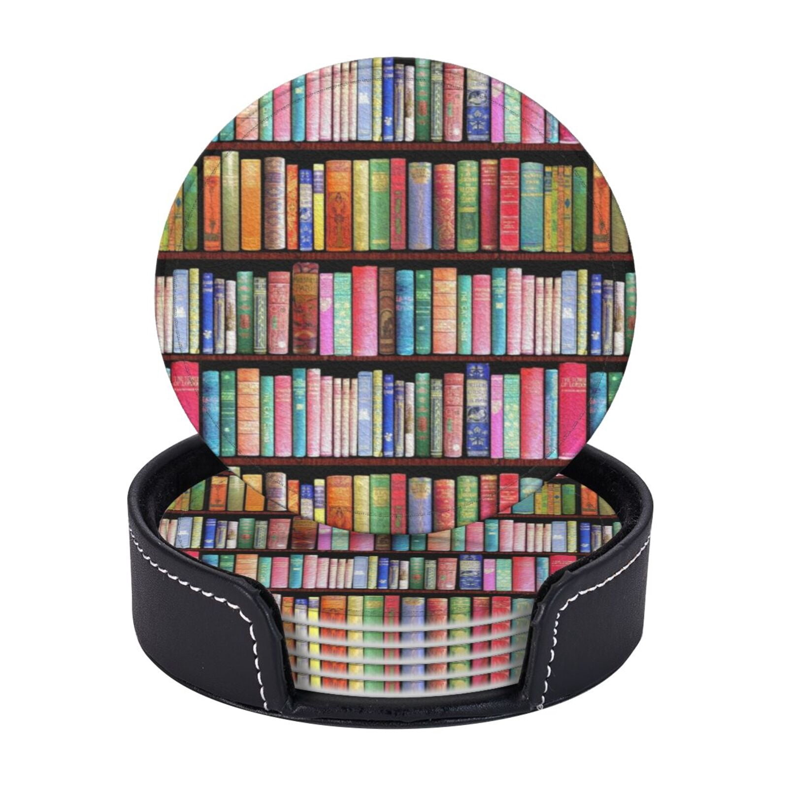 Bookworm Antique Book Library, Vintage Book Shelf Coasters With Leather ...