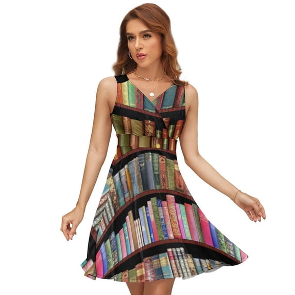 Bookworm Antique Book Library Vintage Book Shelf Women's Tank Dress V Neck Sleeveless Summer Sundress