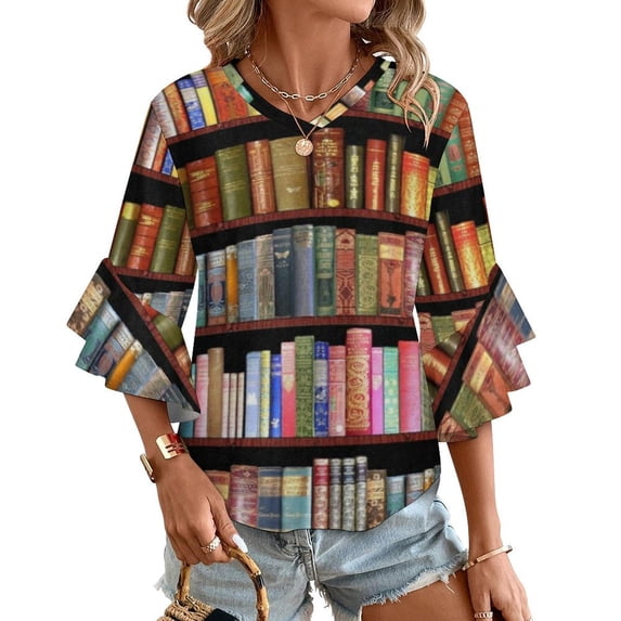 Bookworm Antique Book Library Vintage Book Shelf Women's V-Neck Blouse With 3/4 Ruffled Bell Sleeves Casual Top Ladies Blouses