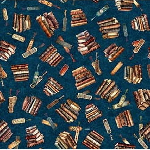 Bookworm - 30449W - Blue Stacked Book Toss- Qt Fabrics