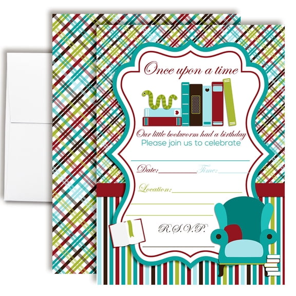 Bookworm, Book Lover, Reading Birthday Invitations for Kids, 20 Fill-In Cards with Envelopes, 5x7 Children's Birthday Party Invitations, Birthday Party Supplies, Made in USA by Amanda Creation