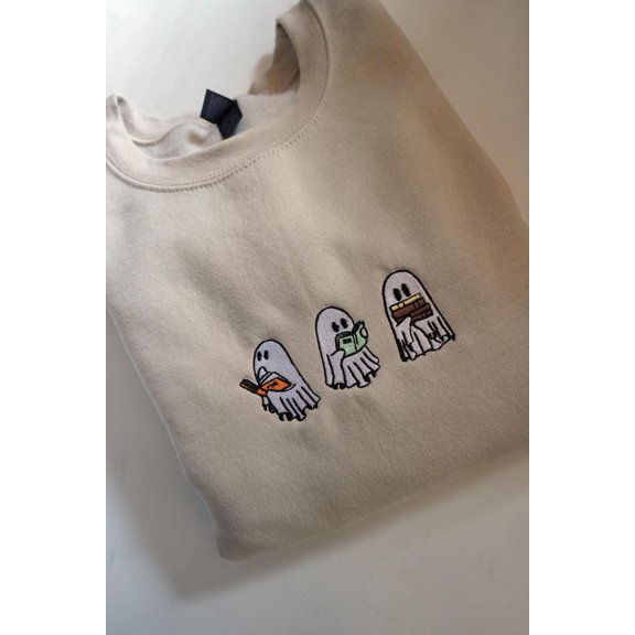 Bookworm Ghosts Reading Books Halloween Embroidered Sweatshirt