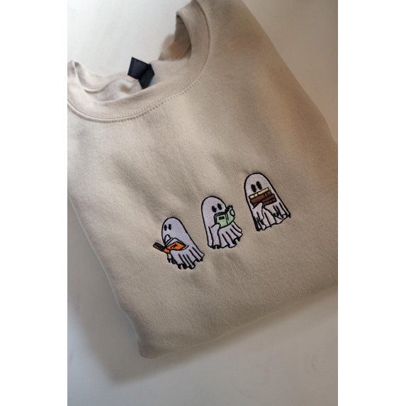 Bookworm Ghosts Reading Books Halloween Embroidered Sweatshirt