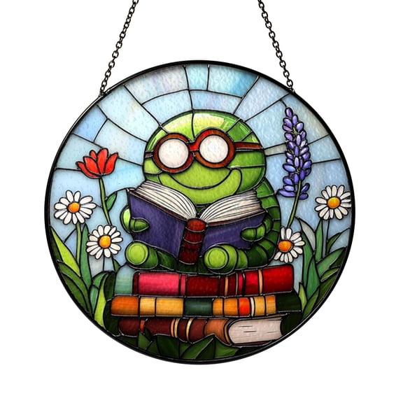 Bookworm Reading Caterpillar Stained Glass Suncatcher Window Hanging Fun Literary Decor Teacher Gift