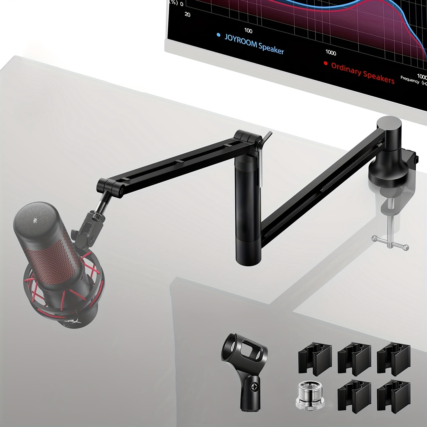 Boom Arm, 360 Degree Rotatable Microphone Stand with Desk Mount, Foldable Desk Mic Arm with 3/8 Inch to 5/8 Inch Screw Adapter, Microphone Arm for Live Streaming, Gaming, Podcasting, Radio