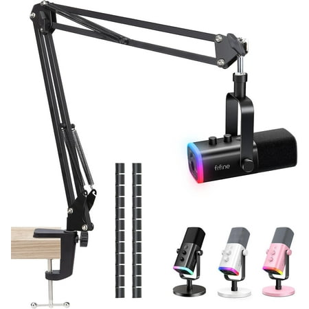 SUNMON for Fifine AM8 Gaming Microphone Stand - Metal Scissor Boom Arm for Fifine Mic with 3/8'' to 5/8'' Adapter, K688 Mic Stand with Cable Sleeve