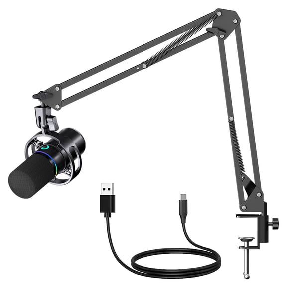 Behome 360 XLR USB Dynamic Microphone, Podcast Microphone with Boom Arm, RGB Light, Mute Indicator, Volume Adjustment,Gaming Microphone for PC, Streaming, Podcast, Discord, PS5,Black