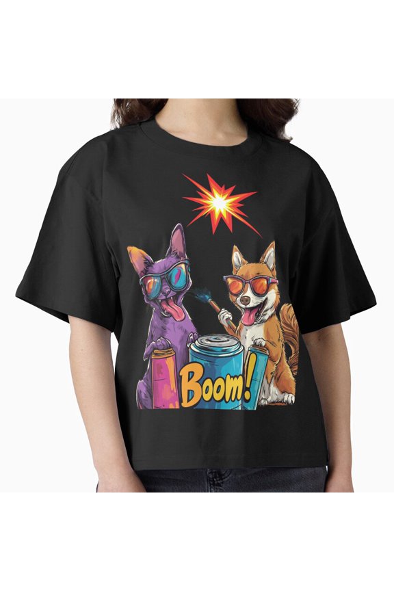 Boom Cat Dog Fun Explosion Cartoon Illustration Party Theme Unisex T-Shirt , up to Size 5XL