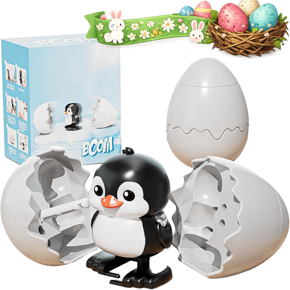 Boom Eggs, Wind-Up Surprise Eggs, Rotate to Hatch Walking Animal Toy, Reusable Clockwork Surprise Egg, Fun Easter Party Favors, Gag Gifts for Kids Boys Girls (Penguin)