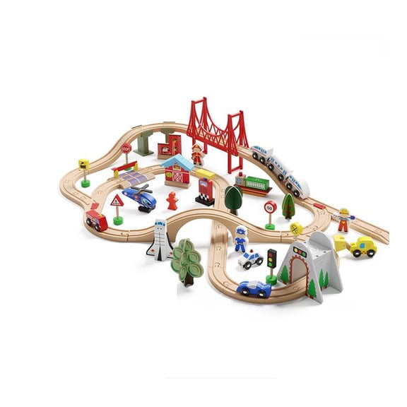Boom Town Wooden Train Set, Toy Train with Tracks,Compatible with Major Brands (72 Pcs)