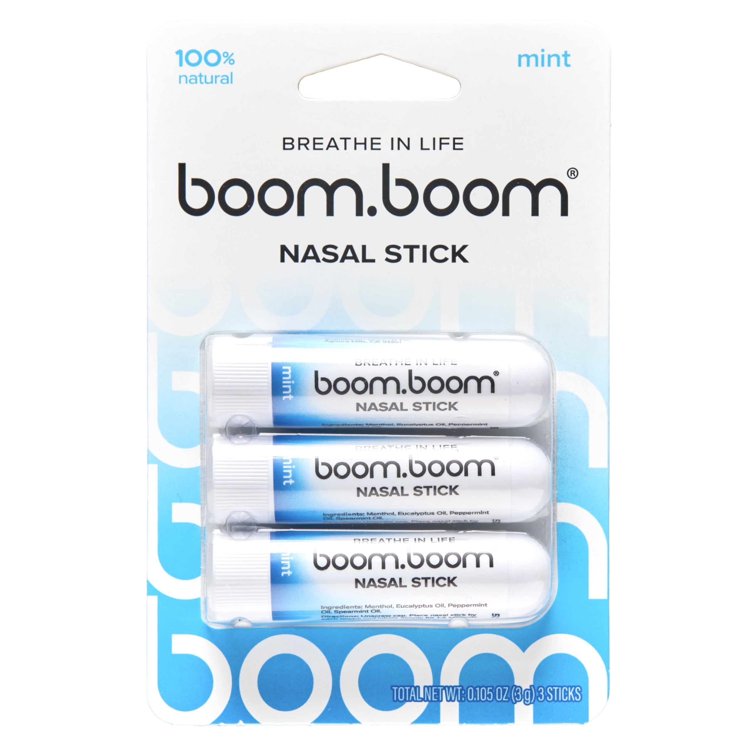 BoomBoom Nasal Stick (3-Pack) | Vapor Flow Technology | Cool Refreshing Sensation | Natural Mood Boost | Simple Ingredients | Essential Oils + Menthol Inhaler (Mint)