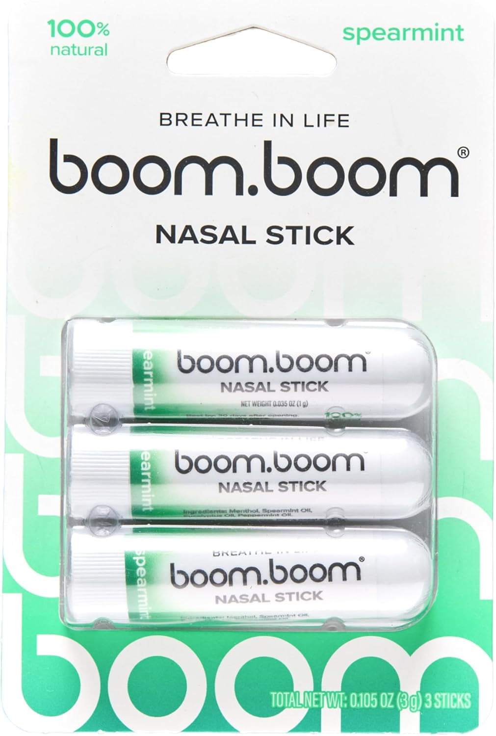 BoomBoom Nasal Stick (3-Pack) | Vapor Flow Technology | Cool Refreshing Sensation | Natural Mood Boost | Simple Ingredients | Essential Oils + Menthol Inhaler (Spearmint)