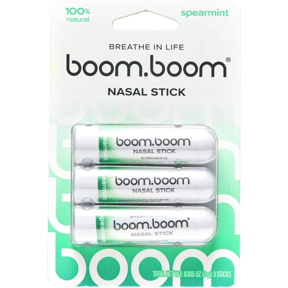 BoomBoom Nasal Stick (3-Pack) | Vapor Flow Technology | Cool Refreshing Sensation | Natural Mood Boost | Simple Ingredients | Essential Oils + Menthol Inhaler (Spearmint)