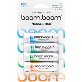 BoomBoom Nasal Stick (4 Pack) | Enhances Breathing + Boosts Focus | Provides Fresh Cooling Sensation | Aromatherapy Inhaler Made with Essential Oils + Menthol (Mint, Wintermint, Tropical, Spearmint)