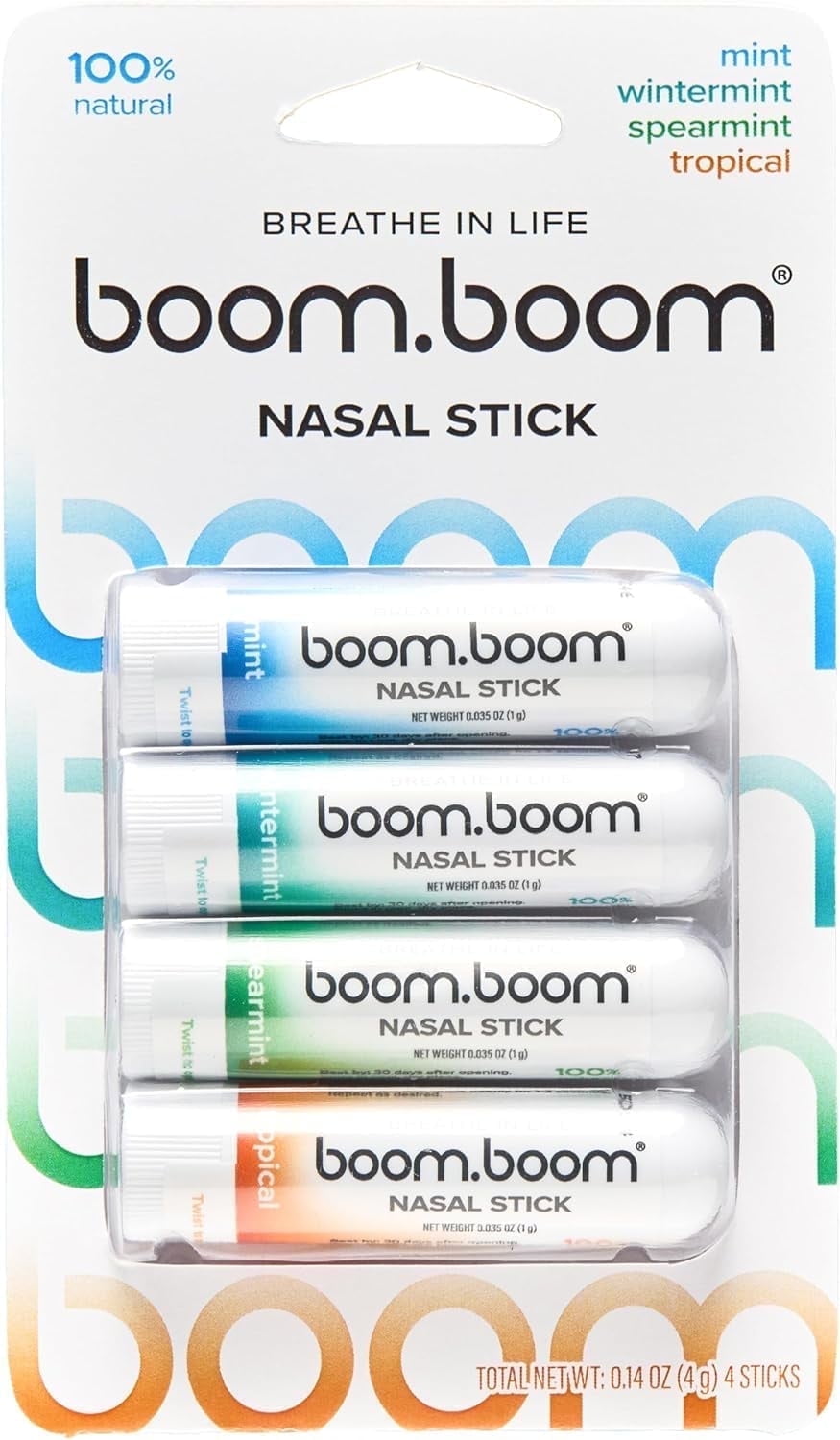 BoomBoom Nasal Stick (4 Pack) | Enhances Breathing + Boosts Focus | Provides Fresh Cooling Sensation | Aromatherapy Inhaler Made with Essential Oils + Menthol (Mint, Wintermint, Tropical, Spearmint)