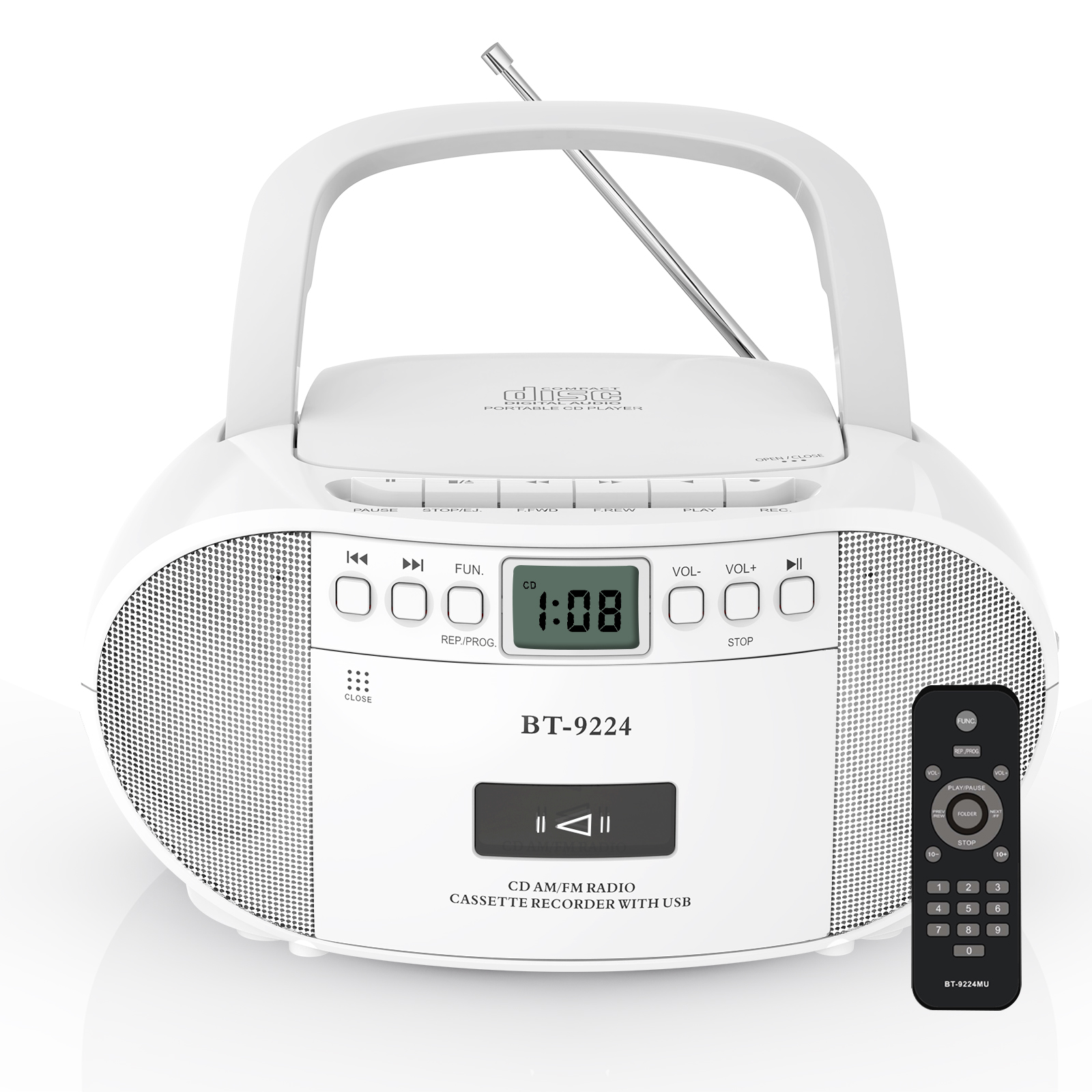 Boombox con reproductor de CD y casete, grabadora de casete con control remoto, radio AM/FM, reproducción USB con conector para audífonos, altavoz Bluetooth 5.1, operado con batería o CA para hogar.