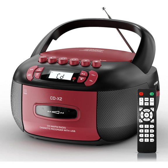 Boombox CD Cassette Player Combo Bluetooth, Radios & Remote Control | AM/FM, AUX/USB MP3, Tape Recording/Sleep Timer/Earphone Jack, DC/AC Powered for Home, Outdoor, Red