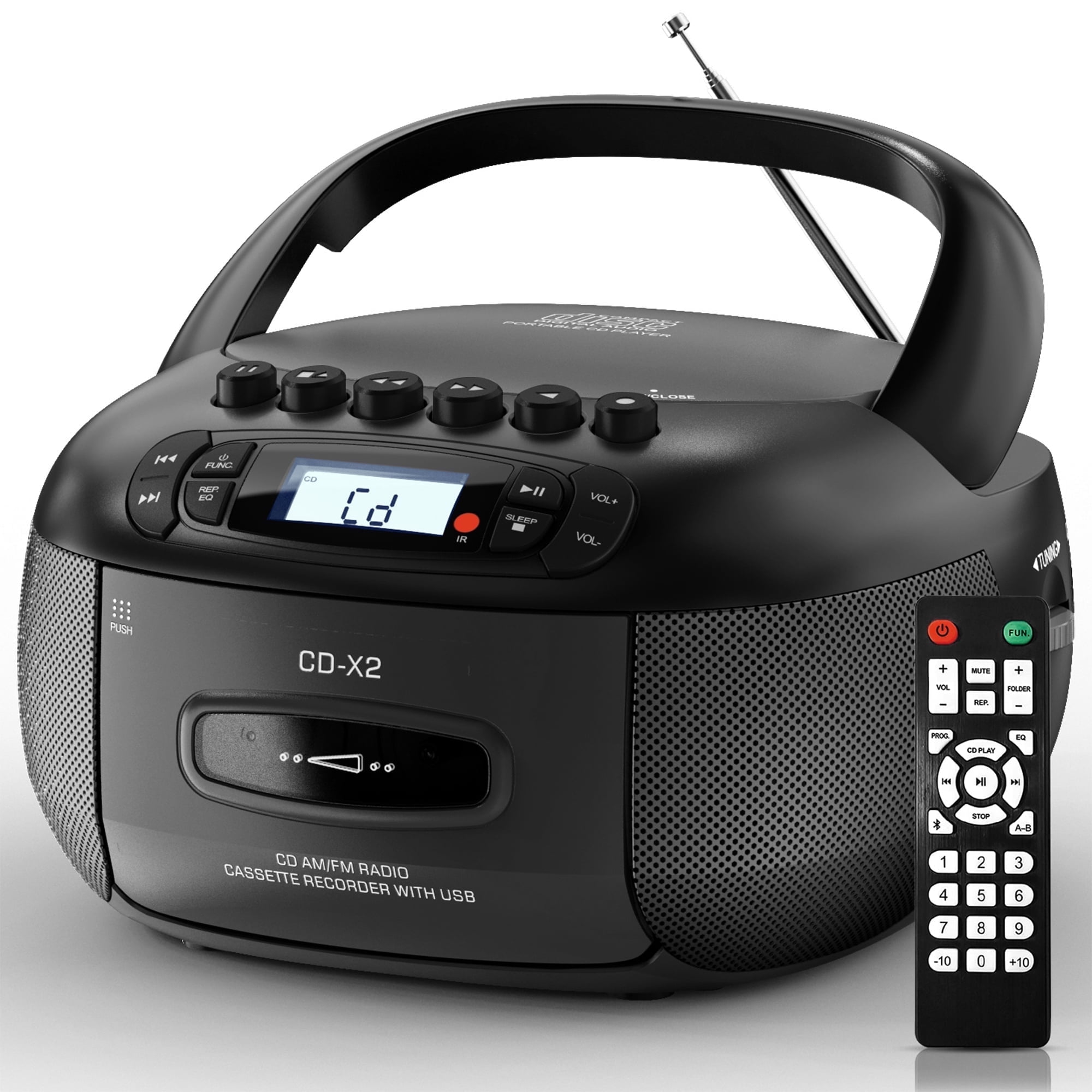 Boombox CD Cassette Player Combo, Boom Box and AM FM Radio with Bluetooth for Home & Outdoor, Stereo Sound with Remote Control