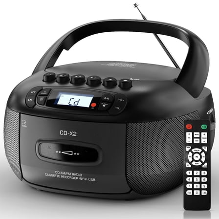 Boombox CD Cassette Player Combo, Boom Box and AM FM Radio with Bluetooth for Home & Outdoor, Stereo Sound with Remote Control