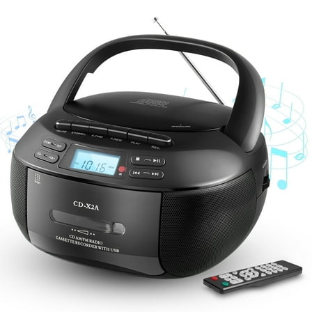 Boombox Cassette CD Player Combo with Bluetooth, AM/FM Radio for Home, Remote Control, Tape Recording, Stereo Sound.