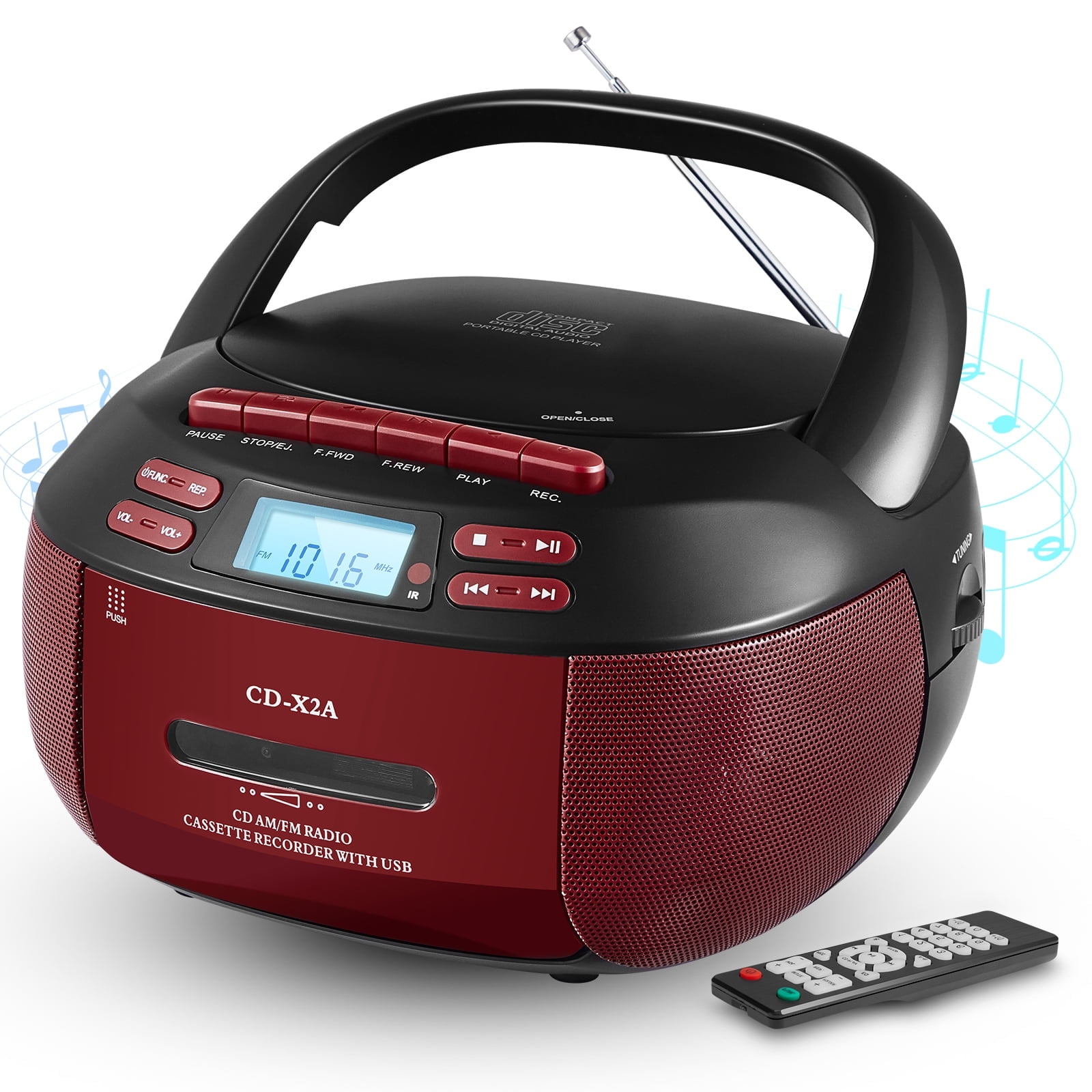 Boombox Cassette CD Player Combo with Bluetooth, Remote, AM/FM Radio, Tape Recording, Black