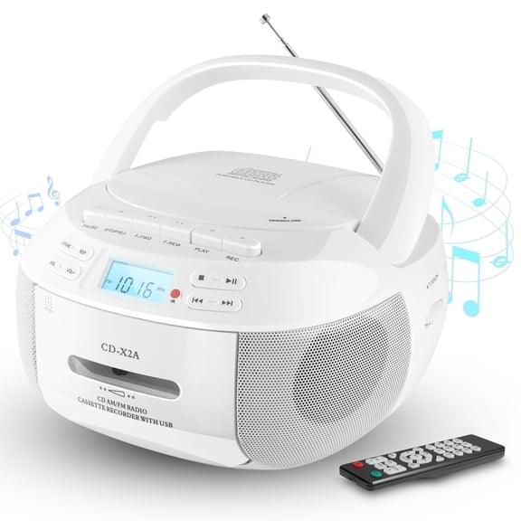 Open Box Boombox Cassette CD Player Combo with Bluetooth and Remote,AM/FM Radio,Tape Recording, Stereo Sound.
