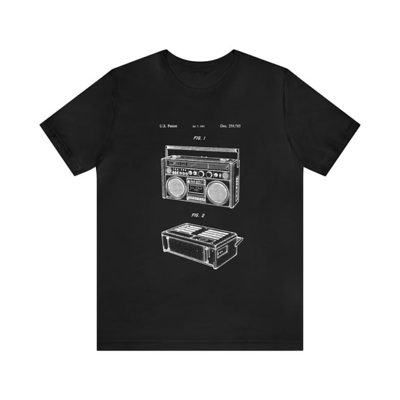 Boombox Cassette Stereo Radio Design Patent Blueprint Short Sleeve T-Shirt Black Tee Drawing 80's
