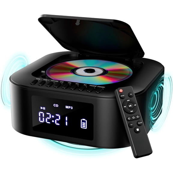 Boombox E1 - CD Player Portable Audio System + Extra BASS with Subwoofer + FM Radio, CD MP3 AUX USB + Wired and Mode Rechargeable + Remote Control - Black