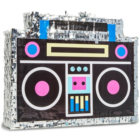 BLUE PANDA Boombox Pinata - 16.5 x 12.8 x 3 In, Silver & Neon - Pinata for Birthdays, 80, 90s Theme Party Decoration & Dance Supplies