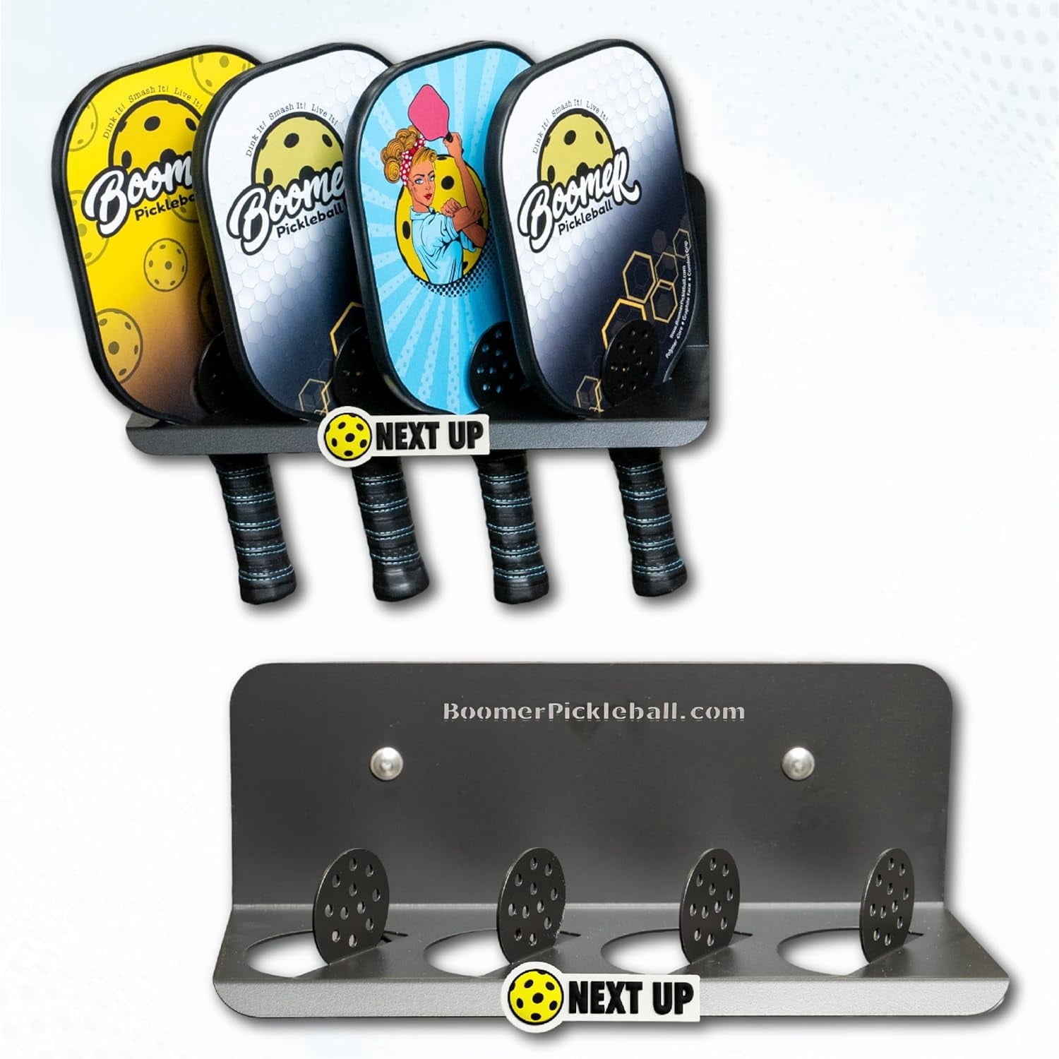 Boomer 45D Pickleball Paddle Rack, 4 Paddle Holder with 45 Degree Display, Heavy Duty Steel Court Organizer