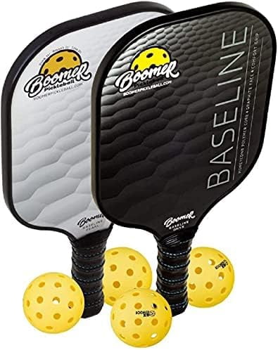 Boomer Baseline Pickleball Paddle Set with 2 Graphite Paddles and 4 Balls, Polymer Honeycomb Core, Cushion Grip