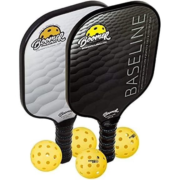 Boomer Baseline Pickleball Paddle Set with 2 Graphite Paddles and 4 Balls, Polymer Honeycomb Core, Cushion Grip
