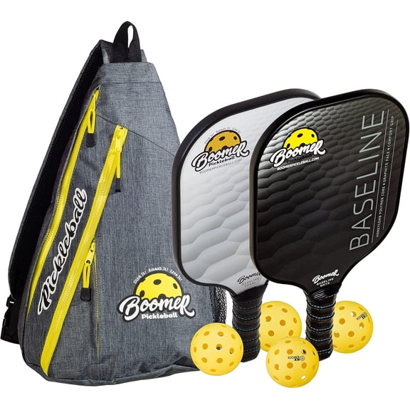 Boomer Baseline Pickleball Paddle Set 2 Graphite Honeycomb Paddles, 4 XD Pickleballs & Sling Bag, Lightweight 7.8 oz Pickleball Kit for Indoor & Outdoor Play