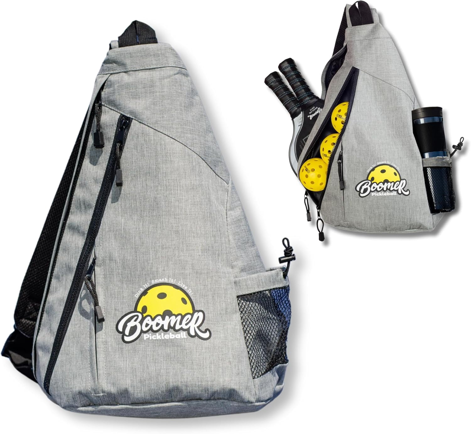 Boomer Pickleball Sling Bag with Paddle Storage, 3 Zipper Compartments, Water Bottle Pocket, Fence Clip