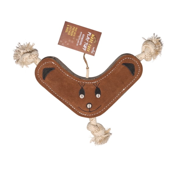 PetYupp Boomerang Leather Dog Toy with Extra Thick Wool Filling – Durable Chew & Fetch Toy
