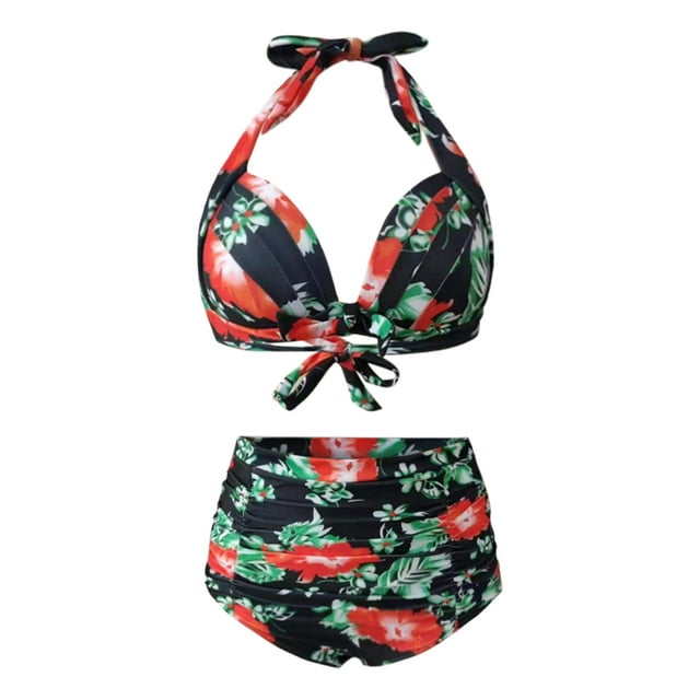 Boomilk Swimsuit For Women Retro Polka Dot Halter High Waist Bikini Set ...