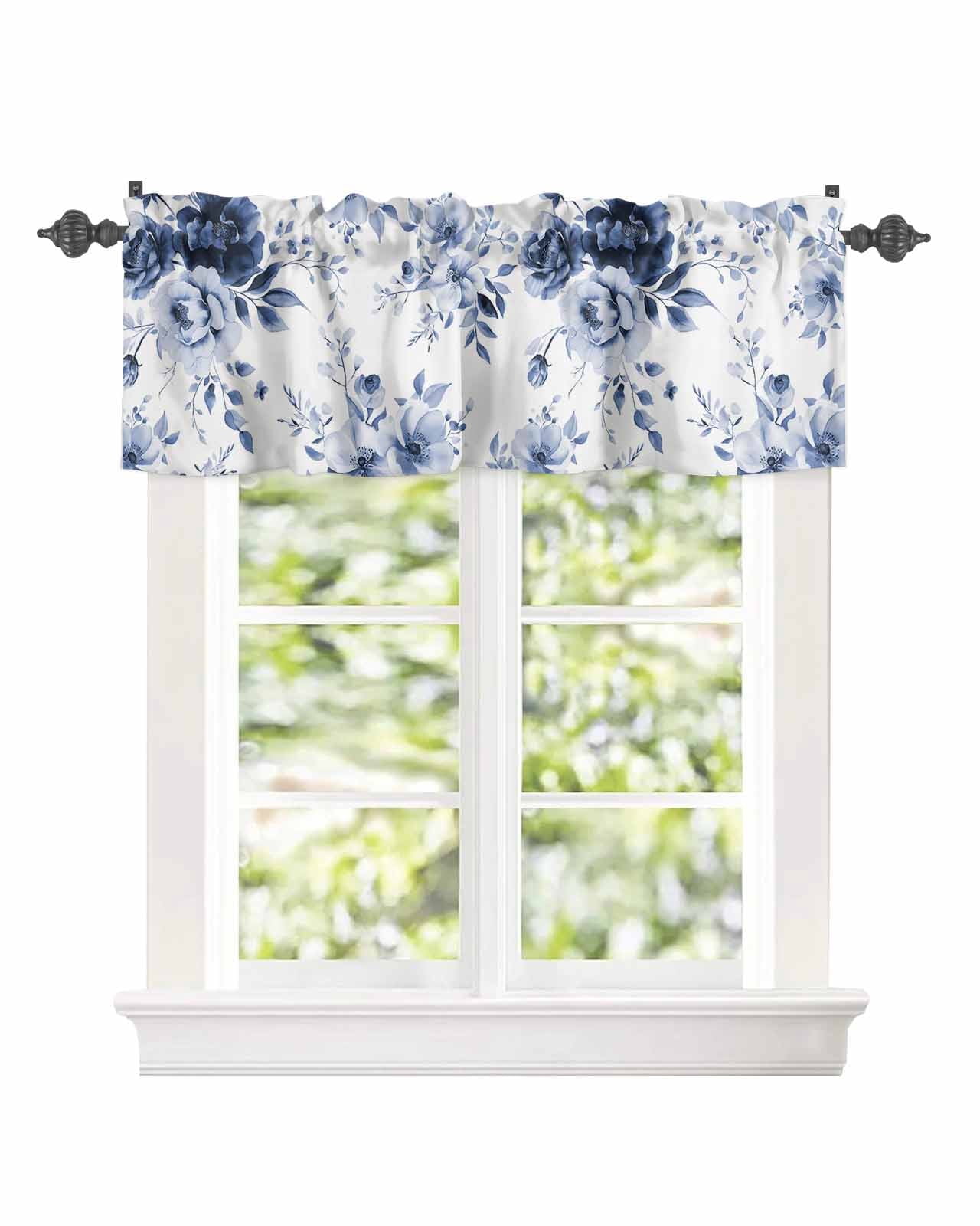 Booming Blue Gradient Floral Curtain Valances for Kitchen Windows,Rod Pocket Short Valance Watercolor Flowers on White Window Treatment for Living Room Bathroom Bedroom,54" x 18"-1 Panel