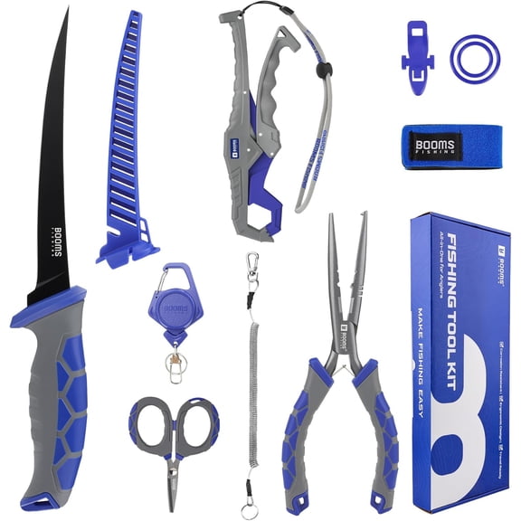 Booms Fishing Tool Kit Saltwater: 8pcs Fishing Gear and Equiment - 7 Fillet Knife, Needle Nose Pliers, Fish Gripper, Scissors, Retractor, Rod Strap, Hook Keeper, Lanyard - Fishing Gift for Men, XT02