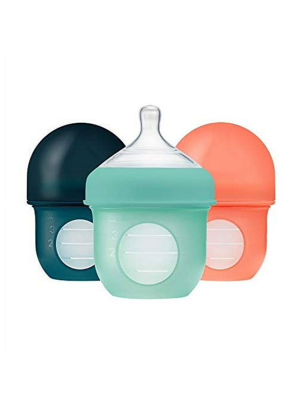 Boon Nursh Reusable Silicone Pouch Baby Bottle, Air-Free Feeding, Blue Multi Pack 4 Oz 3 Pk