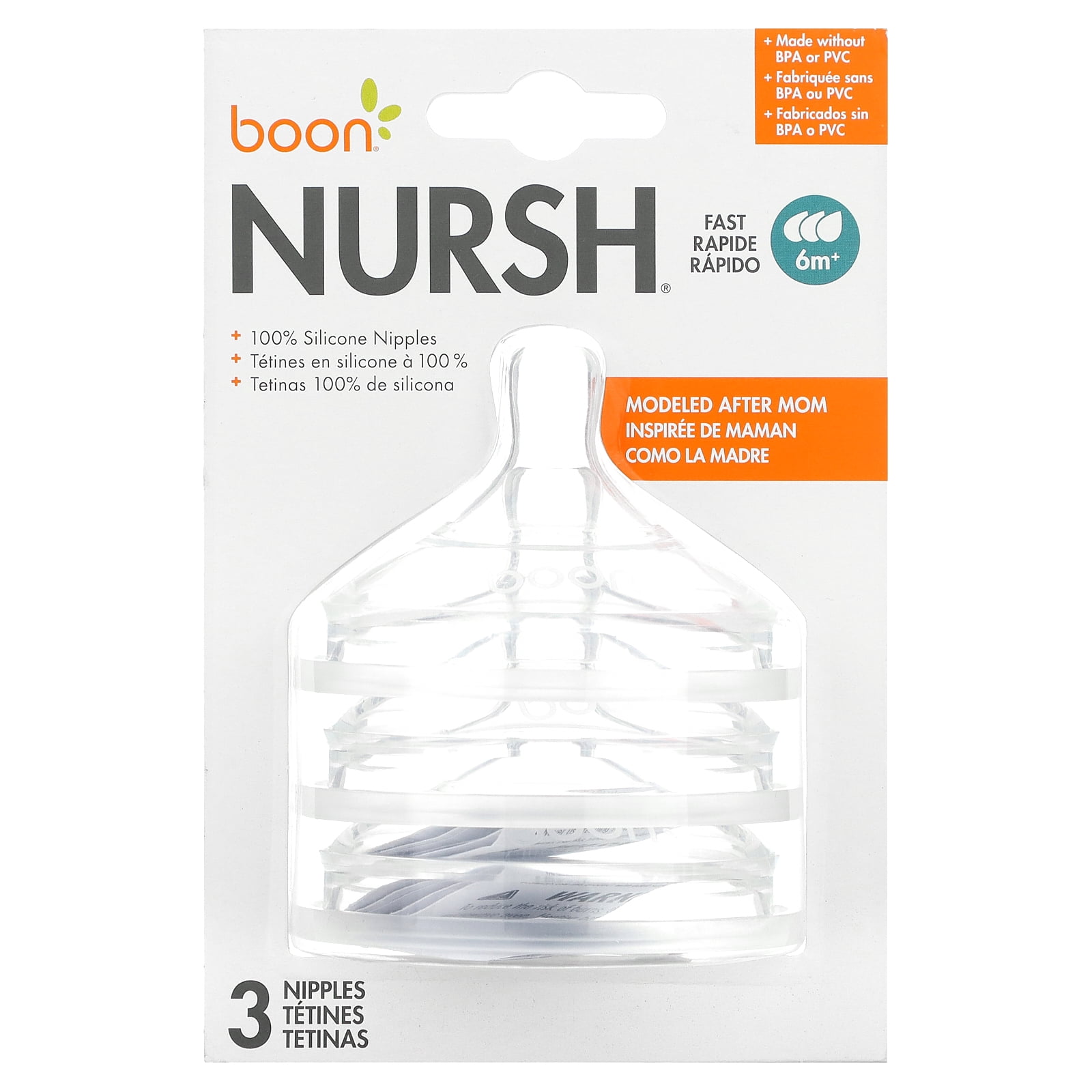 Boon Nursh, Silicone Nipples, Fast, 6 Months +, 3 Nipples