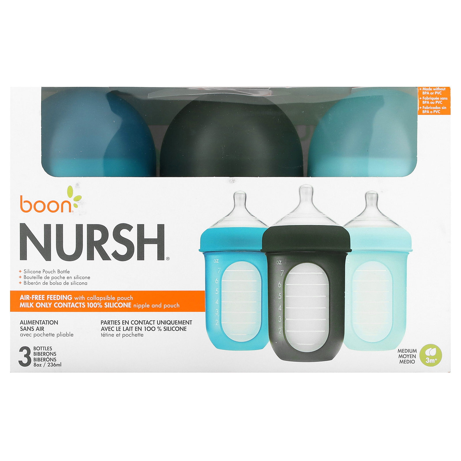 Boon Nursh, Silicone Pouch Bottle, 3m+, Medium, 3 Bottles, 8 oz (236 ml