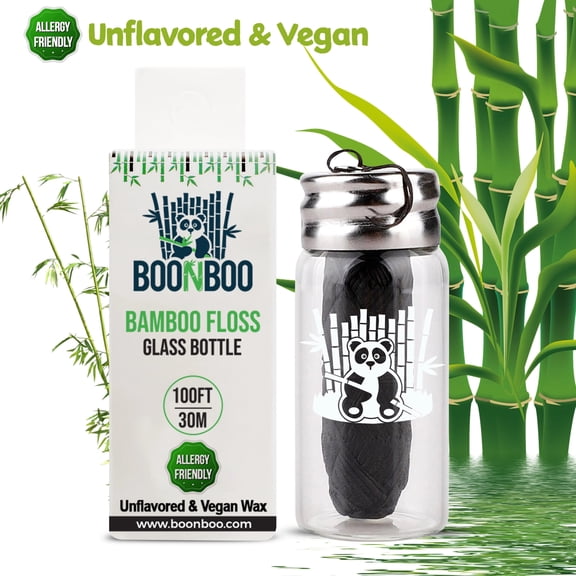 Boonboo Dental Floss | 100FT/30M Woven Fiber | Mint Flavor | Glass Bottle & Cutting Lid | Biodegradable & Sustainable