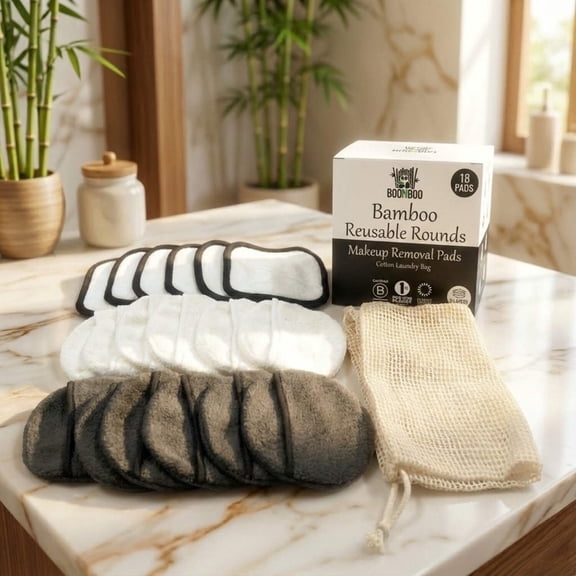 Boonboo Reusable Make-Up Removal Pads | Facial Rounds For Makeup Removal | 16 Pads + Laundry Bag | Bamboo and Cotton Fiber | Sustainable & Biodegradable | Plastic-Free