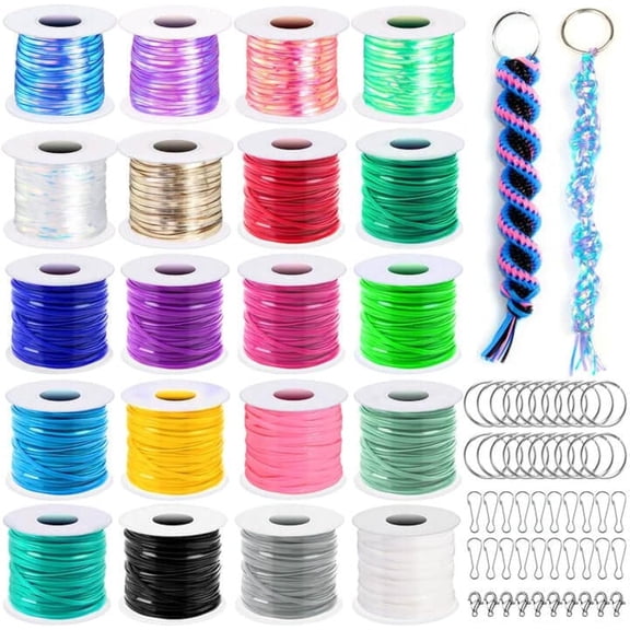 Boondoggle Lanyard String Kit with 20 Rolls Plastic Lacing Cord and 50 count Lanyard Accessories, Gimp String Weaving Kit for Crafts, Bracelet and Lanyards