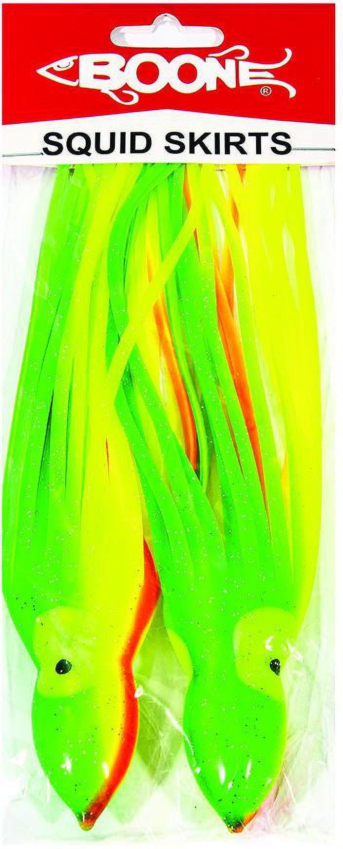 Boone Squid Skirt Fishing Lure, 9.5 in, 2 Pack, Chartreuse Green/Orange Stripe