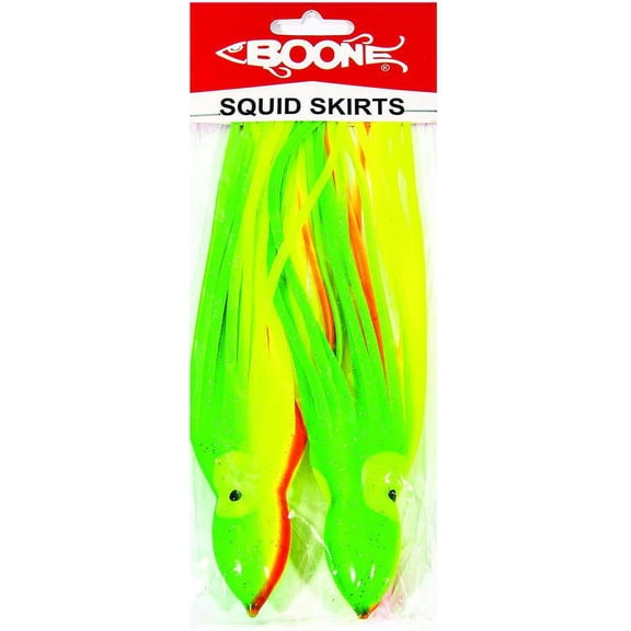 Boone Squid Skirt Fishing Lure, 9.5 in, 2 Pack, Chartreuse Green/Orange Stripe