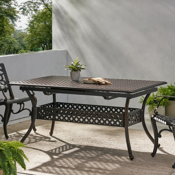 Noble House 81.10" Cast Aluminum Expandable Outdoor Dining Table, Shiny Copper